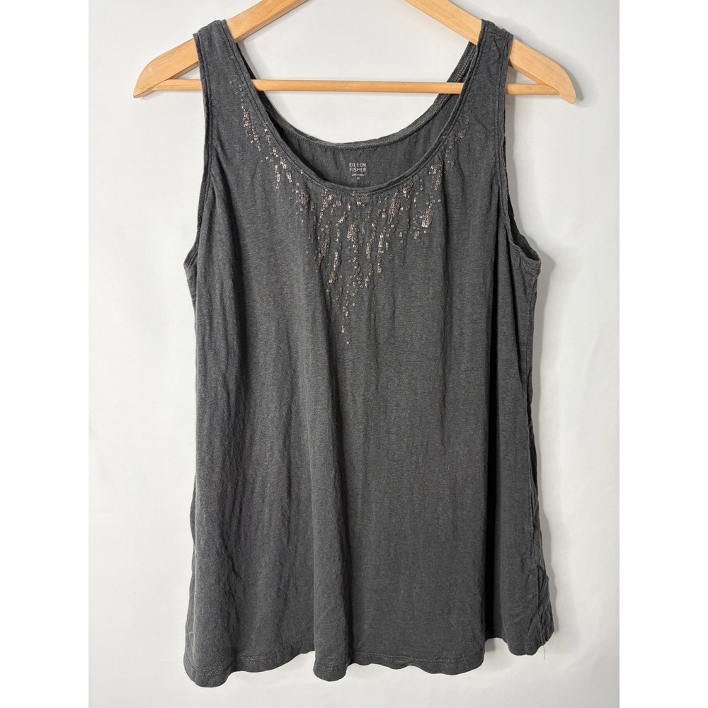 Eileen Fisher Tank Top Womens M Gray 100% Linen Sequin Embellished Quiet Luxury